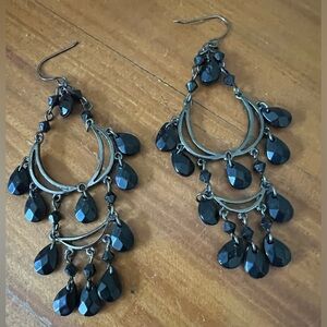 Black Rhinestone Gunmetal Dangle Chandelier Earrings Pierced
